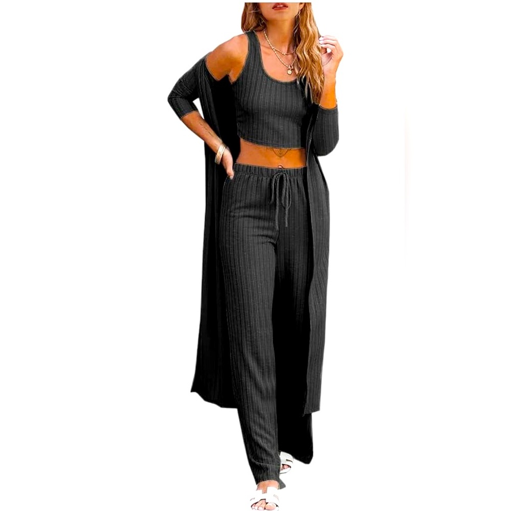 Women’s 3 piece Set. Crop top with Dust jacket & Pants. Black Size Medium.